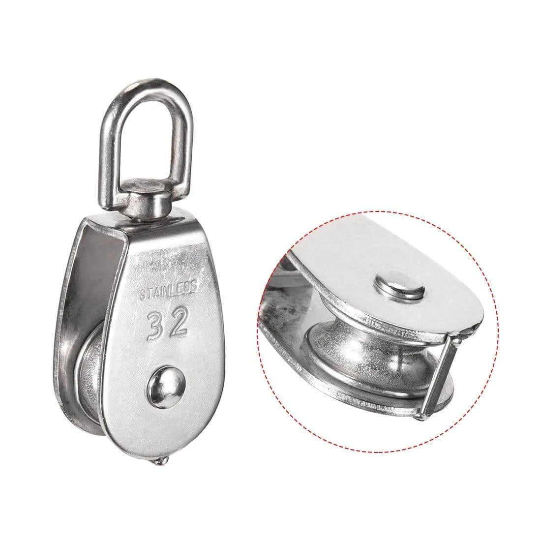6 Pack M32 Stainless Steel Wire Rope Crane Pulley Block 551lbs Lifting Crane Swivel Hook Single Pulley Block Hanging