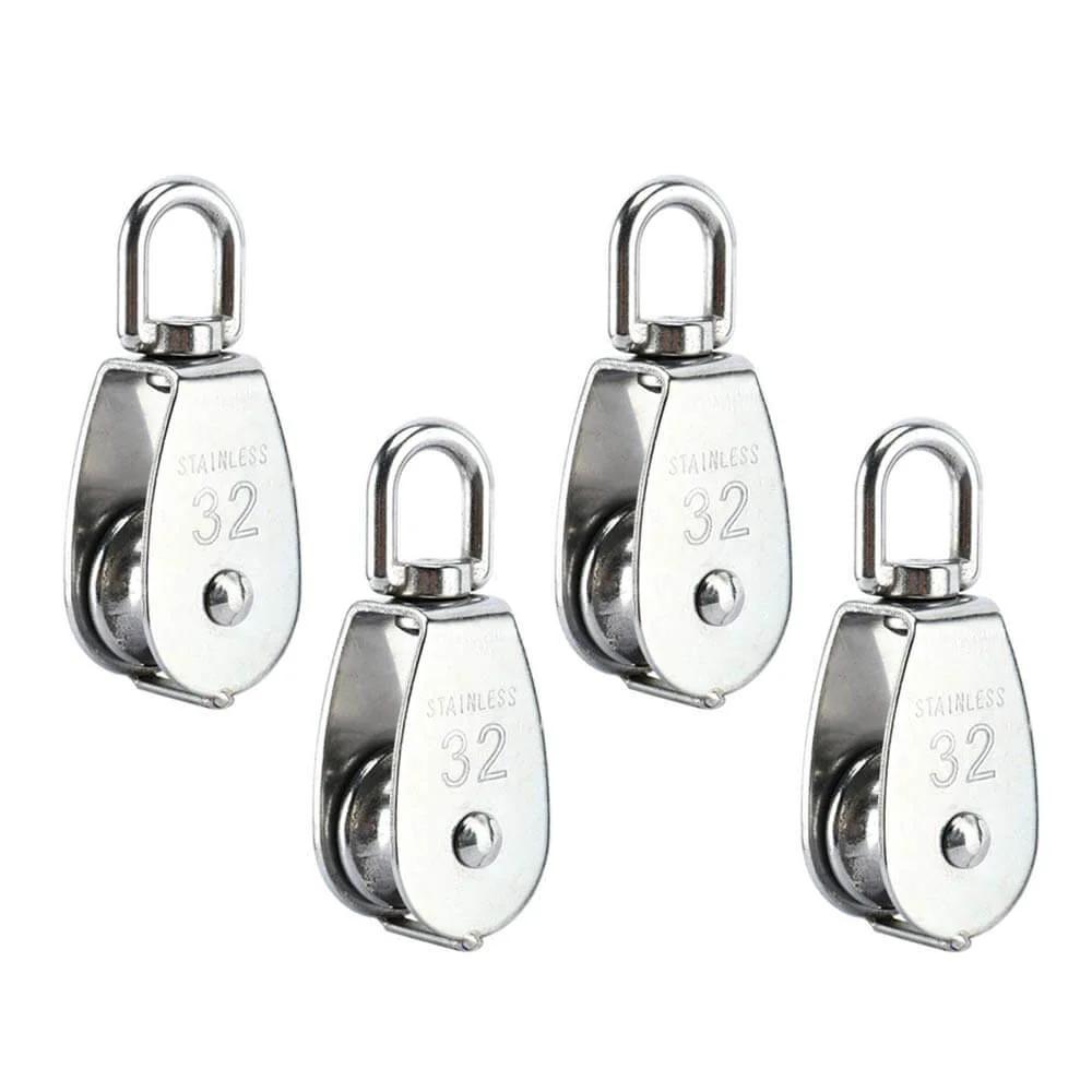 4Pcs M32 Single Pulley Block, Creatiee-Pro Heavy Duty 304 Stainless Steel Pulley with swivel hook for rigging and lifting