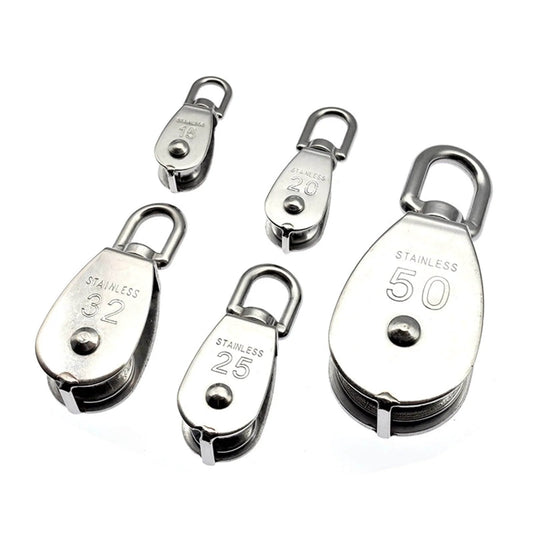 Stainless Steel Pulley M32 Single Wheel Swivel Lifting Rope Pulley Set Lifting Wheel Tools(M32) shown in multiple sizes.