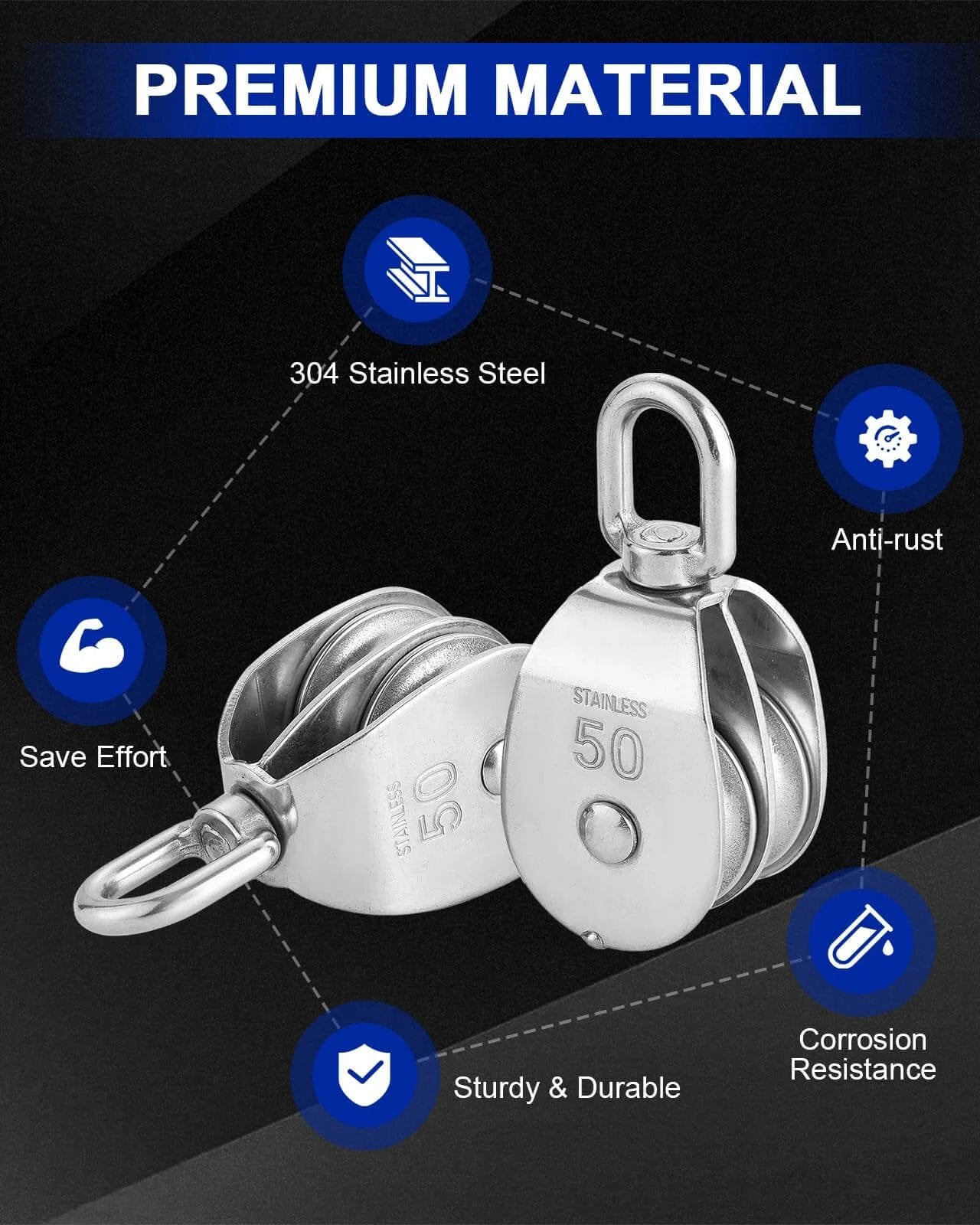 M50 Double Pulley Block Set - 304 Stainless Steel Pack of 2, front view with swivel hook design, corrosion-resistant material