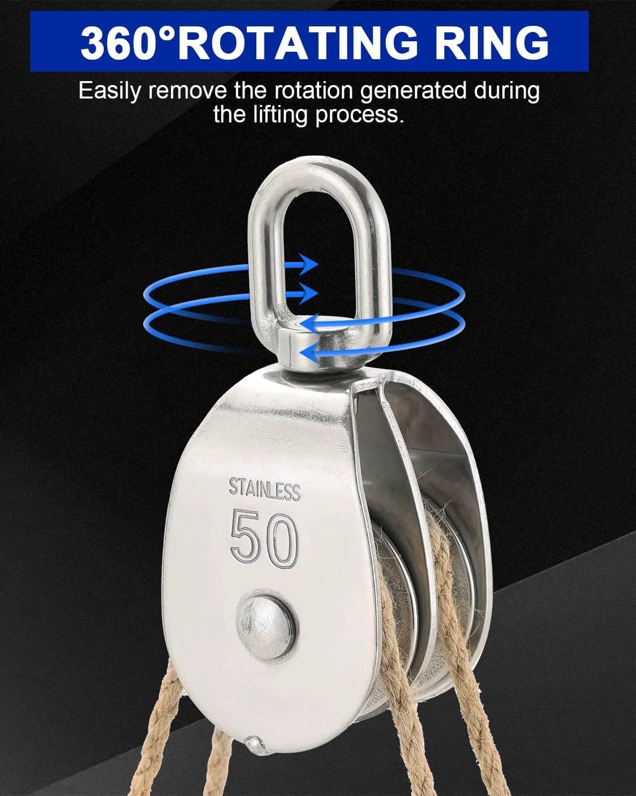 M50 Double Pulley Block Set - 304 Stainless Steel Pack of 2 with 360° rotating swivel hook for efficient lifting operations