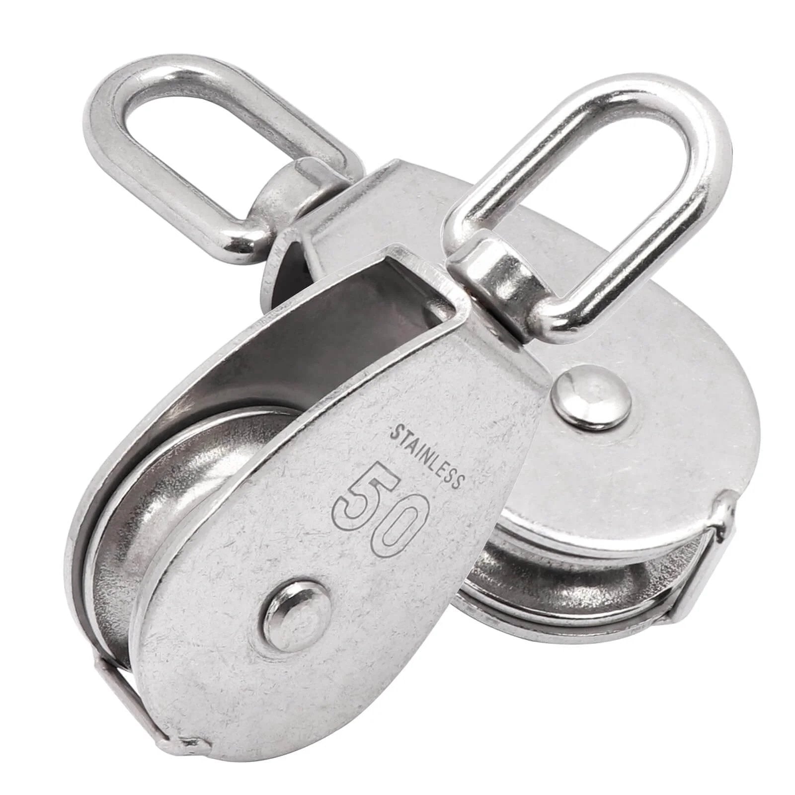 M50 Single Pulley Snatch Block Lifting Crane Heavy Duty Swivel Hook 304 Stainless Steel, 3/8" Rope x 2" Sheave, 800 lbs Load (M50-2PCS)