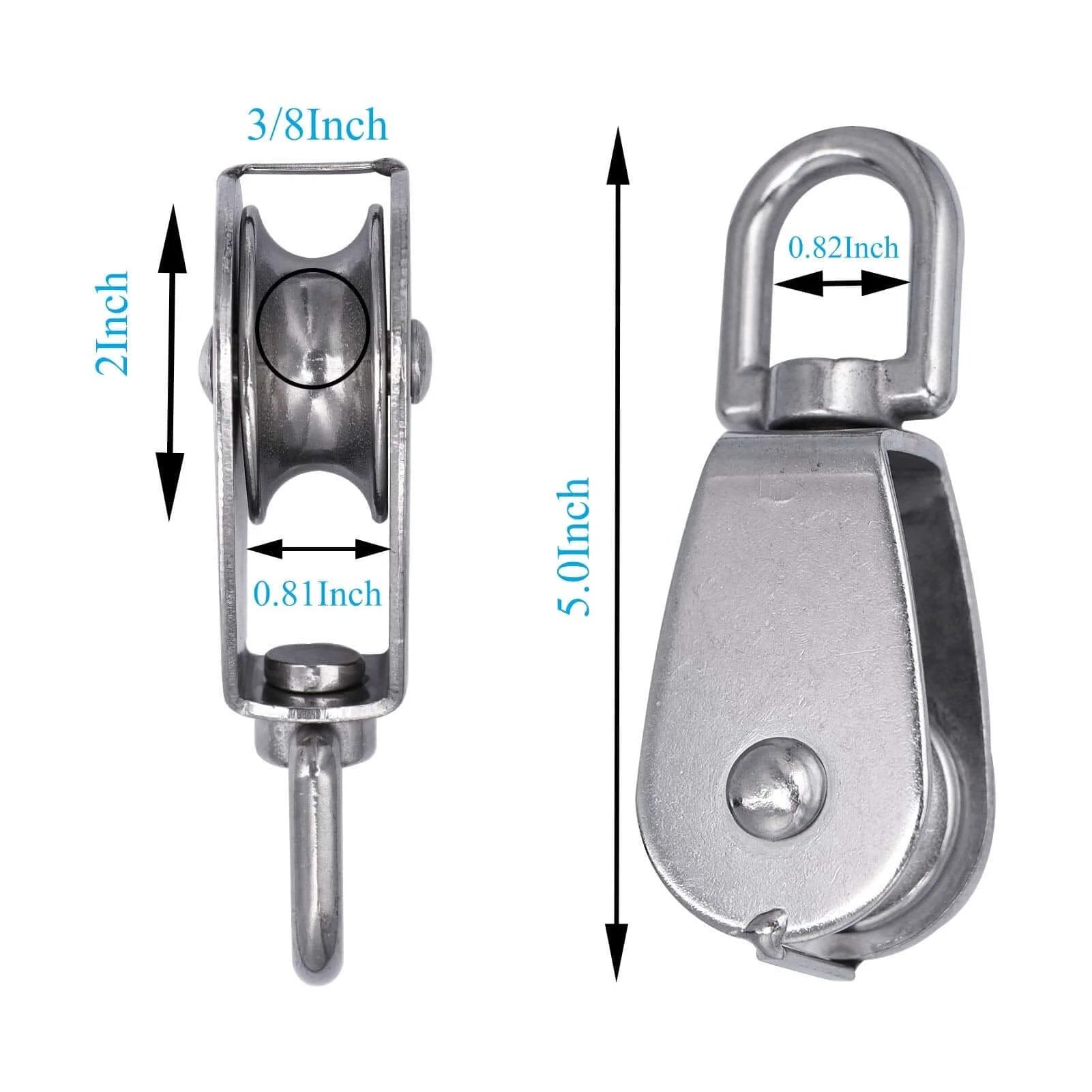M50 Single Pulley Snatch Block 304 Stainless Steel Lifting Crane Swivel Hook, 3/8" Rope x 2" Sheave with size dimensions shown
