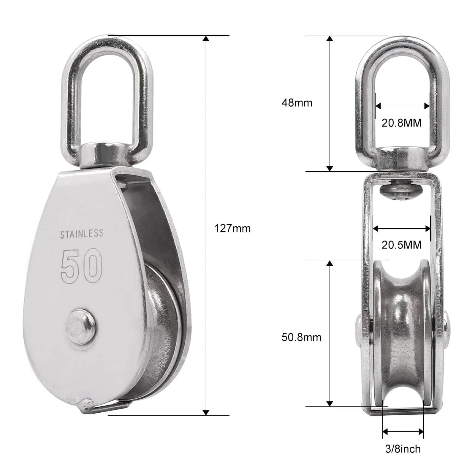 Dimensions of ✝️ M50 Single Pulley Snatch Block Lifting Crane Heavy Duty Swivel Hook 304 Stainless Steel with 3/8" Rope x 2" Sheave