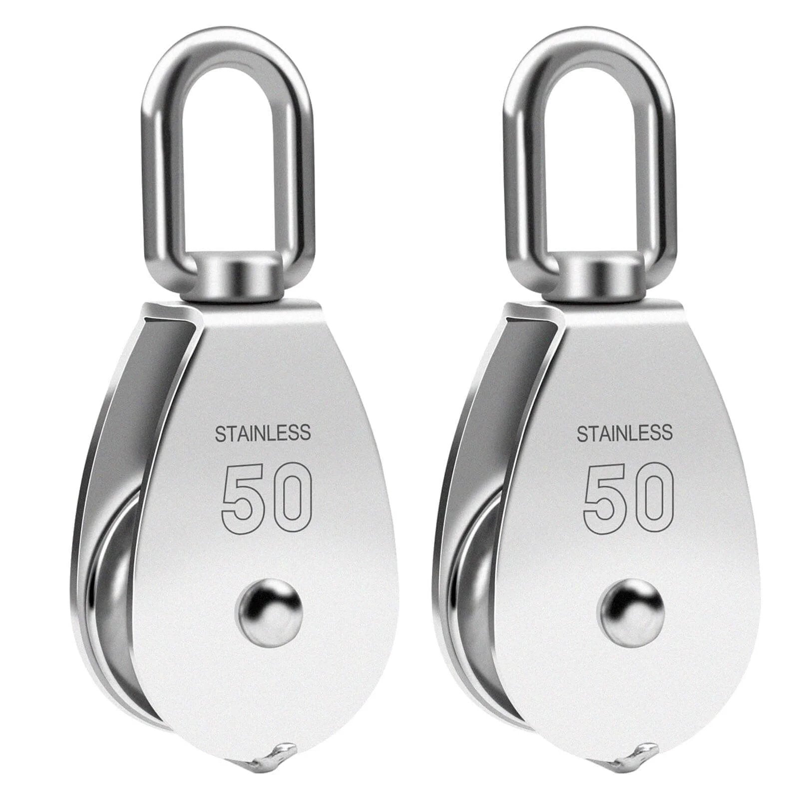 ✝️ M50 Single Pulley Snatch Block Lifting Crane Heavy Duty Swivel Hook 304 Stainless Steel, 3/8" Rope x 2" Sheave, 800 lbs Load (M50-2PCS)