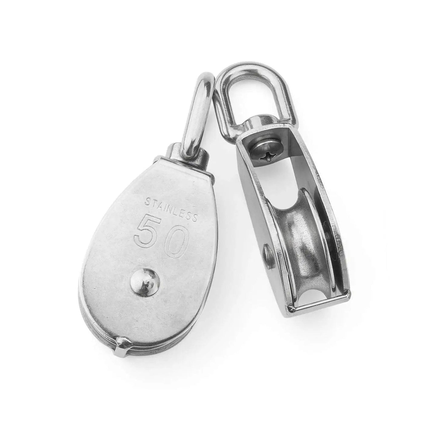 M50 Single Pulley Block With 1000lbs Load Capacity In Stainless Steel 304 for wire rope 14mm diameter, top angle view.