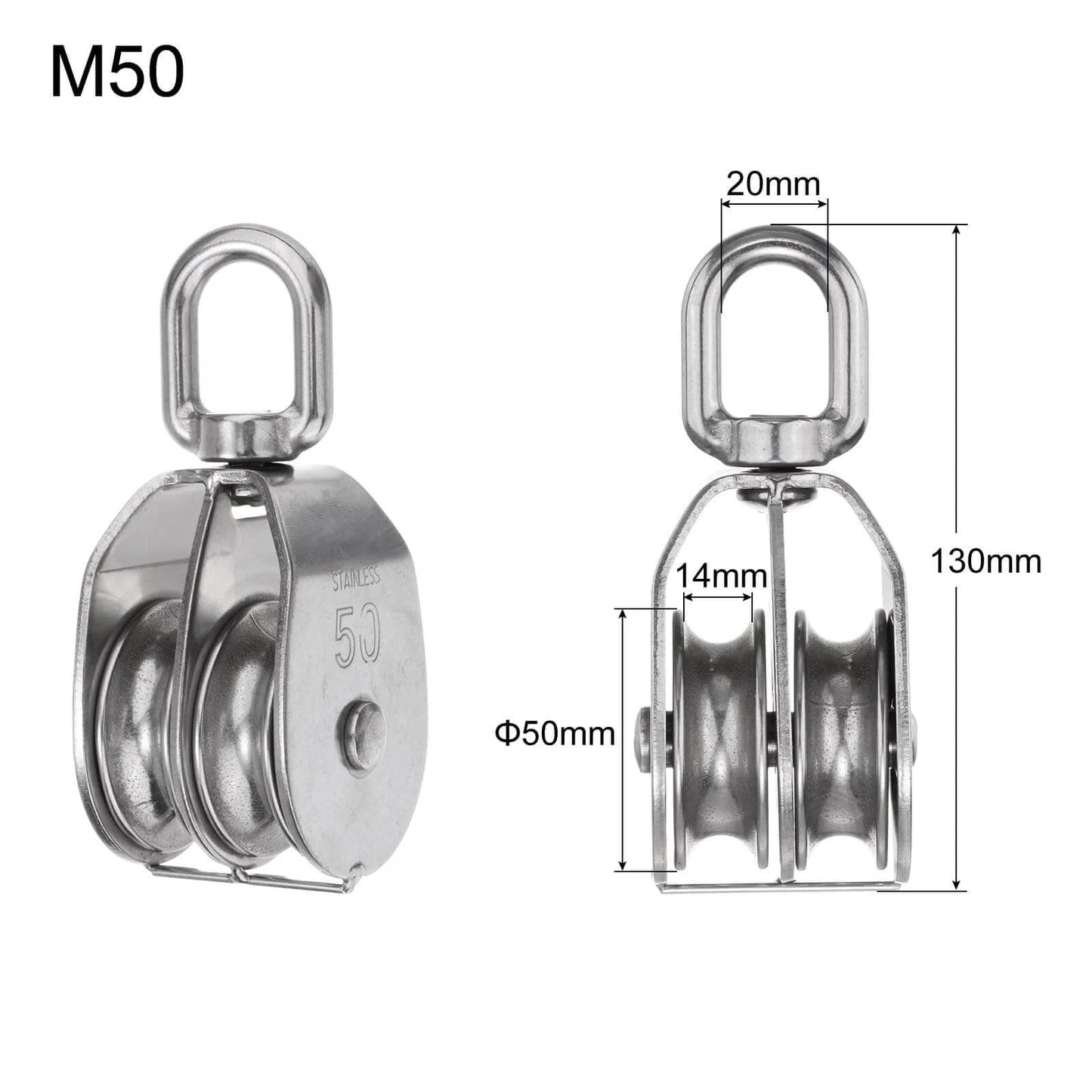 2pcs M50 Double Pulley Block, Stainless Steel Swivel Rigging Lifting Wheel, dimensions shown, front and side view