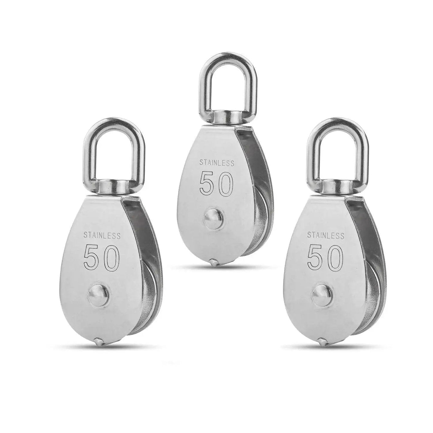 Three M50 Single Pulley Block With 1000lbs Load Capacity In Stainless Steel 304 For Wire Rope 14mm Diameter, showing swivel eye.