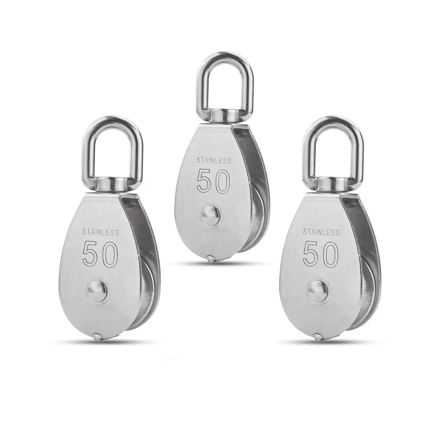 Three M50 Single Pulley Block With 1000lbs Load Capacity In Stainless Steel 304 For Wire Rope 14mm Diameter, showing swivel eye.