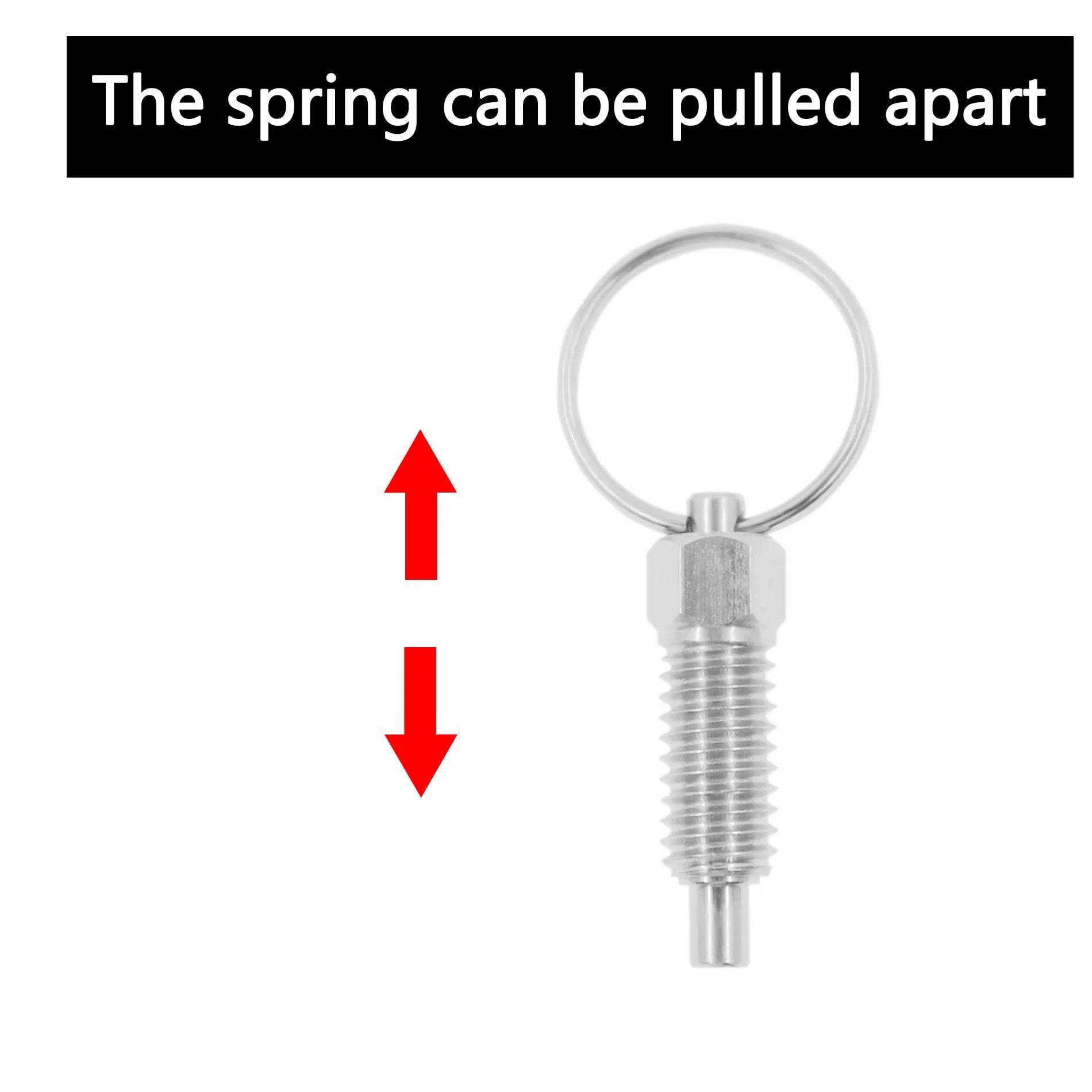 M6-3mm Stainless Steel Spring Plunger with Pull Ring showing retractable mechanism and highlighted spring extension.