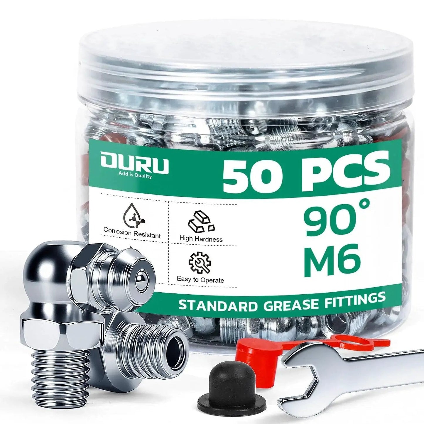 Grease Fittings Kit OURU 50 Pack M6 90 Degree Zerk Grease Fittings With Caps And 9mm Wrench for tight spaces and grease guns