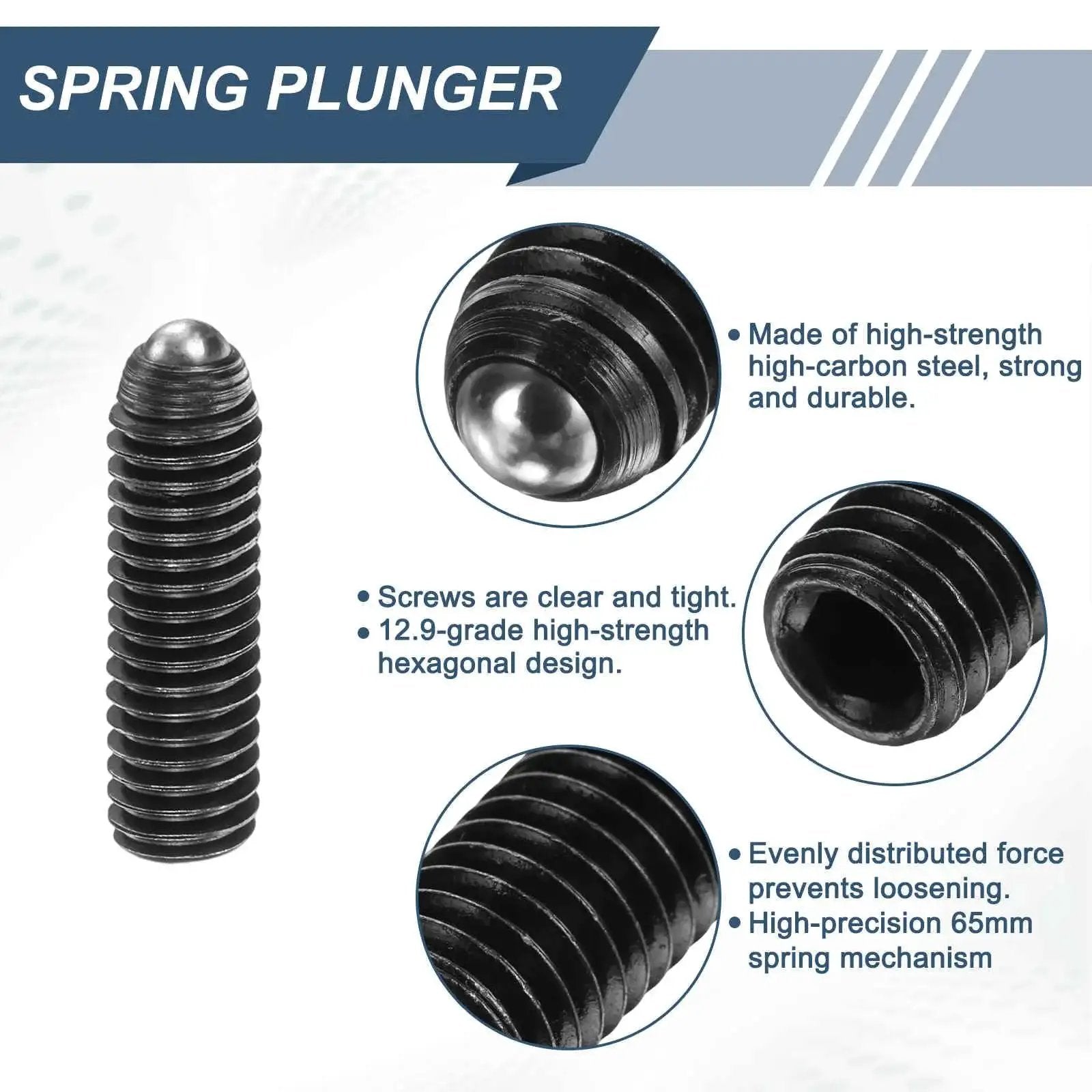Close-up view of 10 Pieces M6 Thread Ball Plungers with hex socket 20mm length, high carbon steel, for lubrication and pneumatic tools.