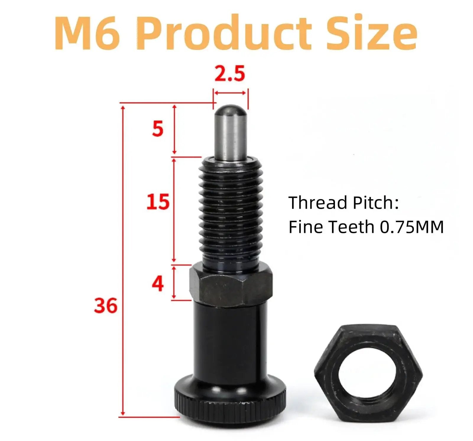 Two Pack Retractable Spring Plunger Ball Loaded Pin M6 with dimensions and thread pitch for molds machinery