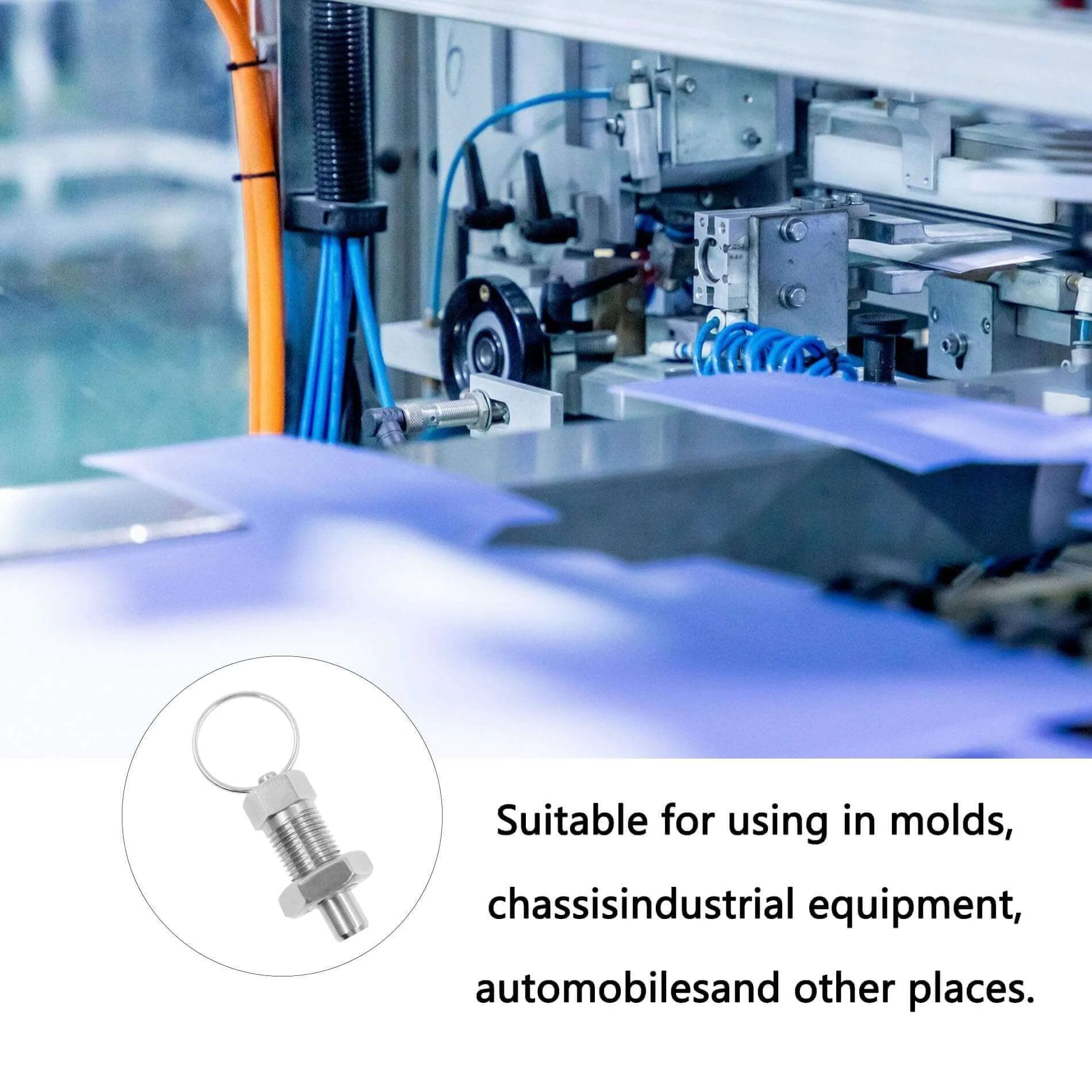 Image of M6-3mm Stainless Steel Spring Plunger with Pull Ring used in industrial machinery, suitable for molds, cabinets, and automotive applications.