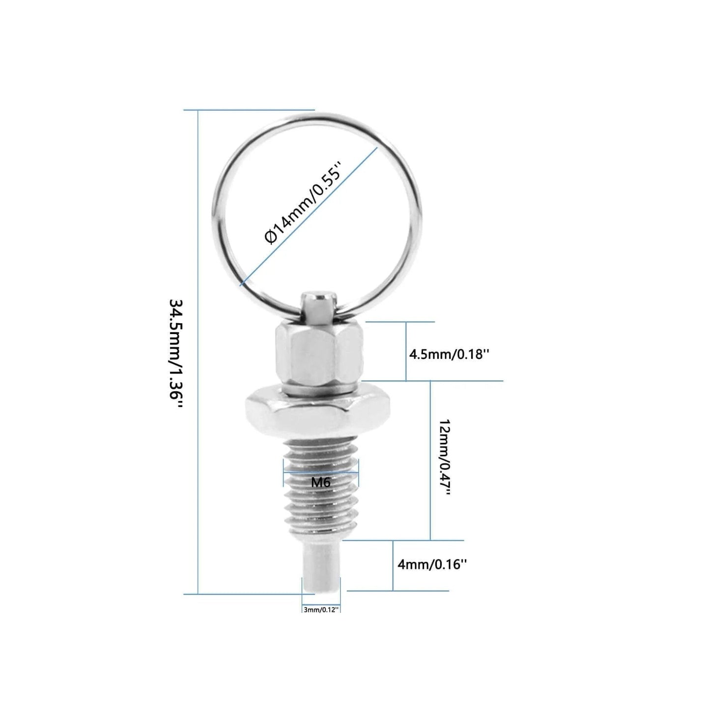 M6-3mm Stainless Steel Spring Plunger with Pull Ring dimensions, front view, non-locking index plunger for mold and industrial use.