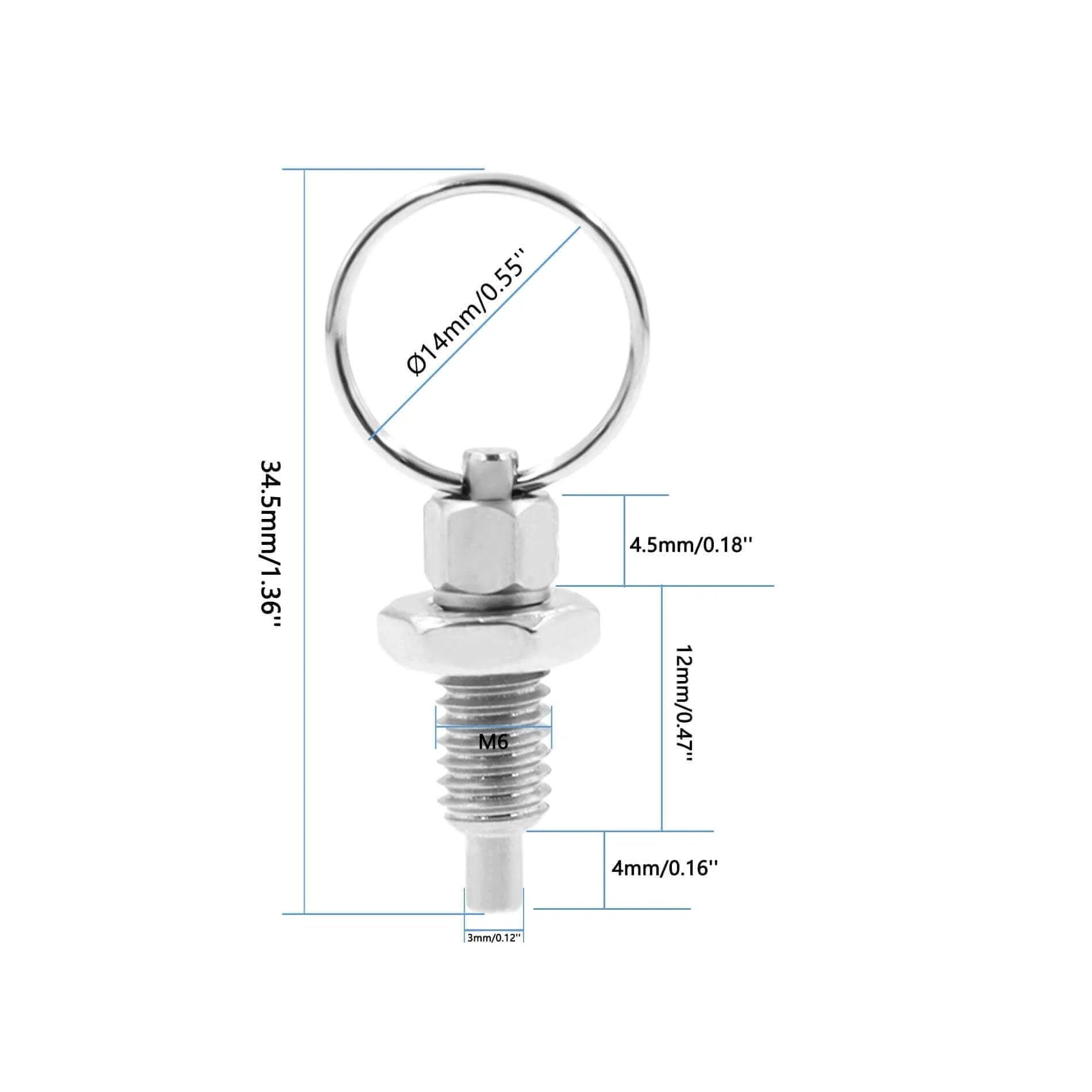 M6-3mm Stainless Steel Spring Plunger with Pull Ring dimensions, front view, non-locking index plunger for mold and industrial use.