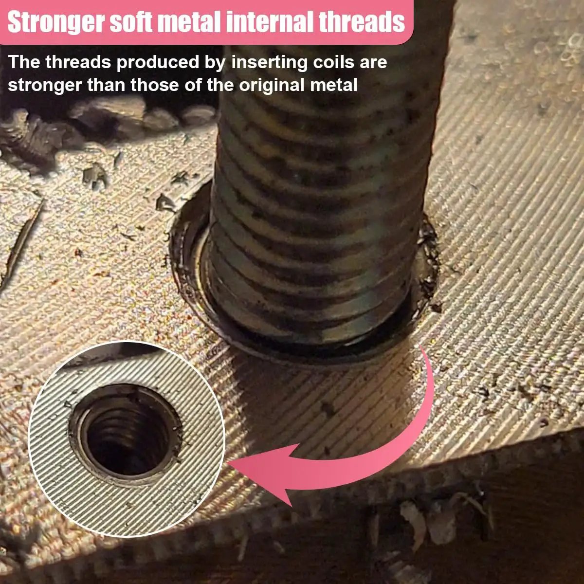 Close-up of installed M6 X 1.0mm Thread Repair Insert Kit showing internal threading process for a durable metal finish.