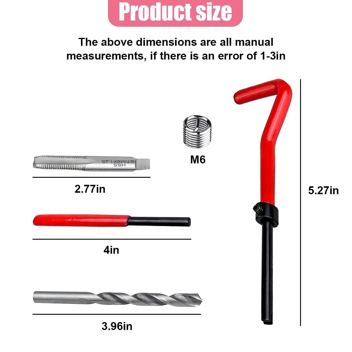 Image showing components of the M6 X 1.0mm Thread Repair Insert Kit with M6 coil, tap, wrench, drill bit, and measurement details.