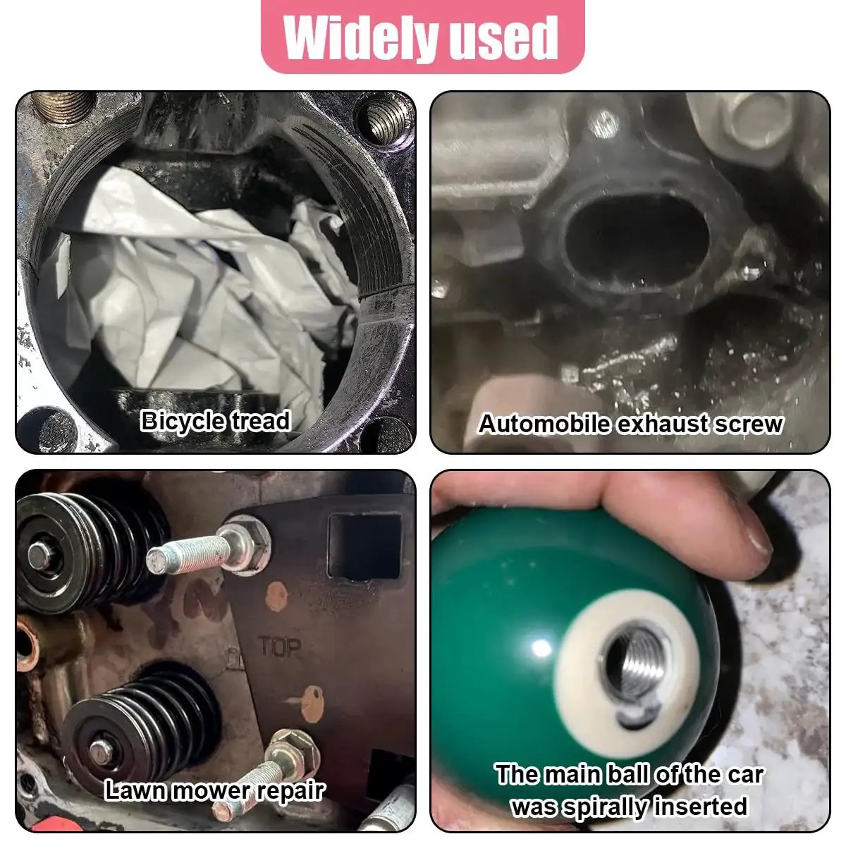 M6 X 1.0mm Thread Repair Insert Kit With 30 Pieces For Auto Repair By UHANBUT in use on bicycle tread, exhaust screw, and lawn mower.
