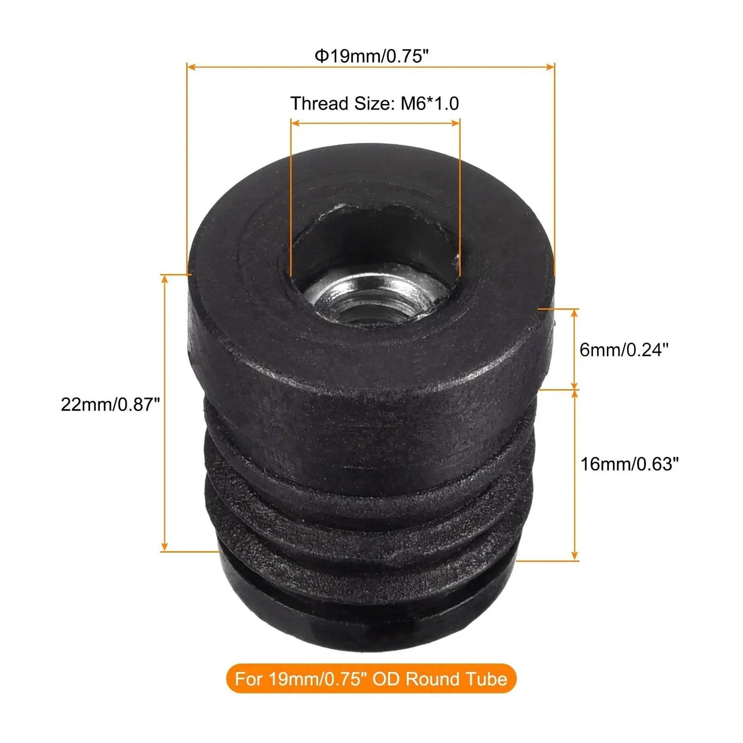 8 Pieces Round Tube Inserts With M6 Thread For 19mm Diameter Round Tubes 0.75 Inch Outer Diameter Black Plastic Plug Diagram