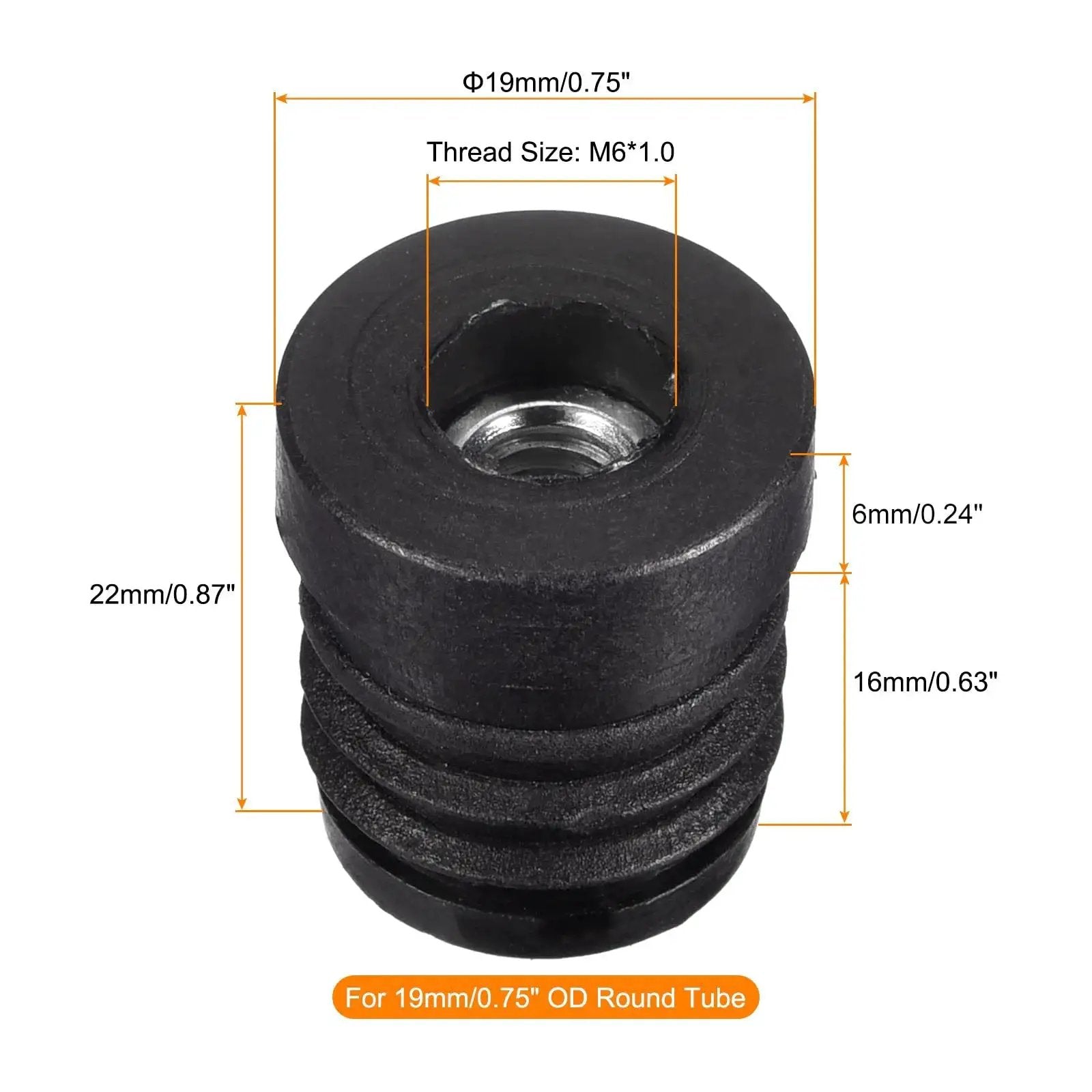 8 Pieces Round Tube Inserts With M6 Thread For 19mm Diameter Round Tubes 0.75 Inch Outer Diameter Black Plastic Plug Diagram