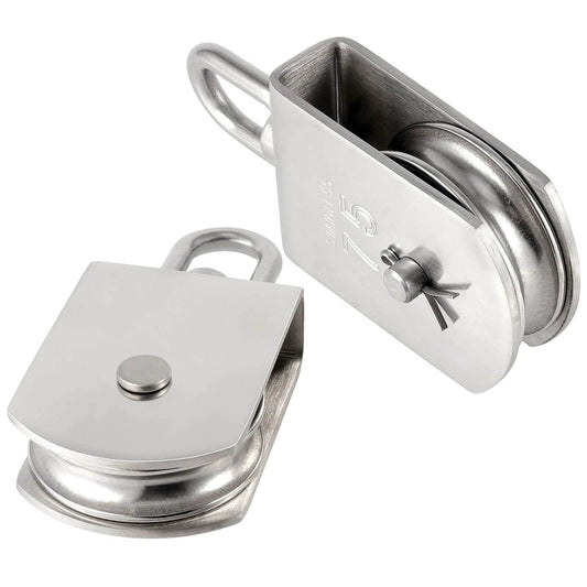 2 Pack M75 Lifting Single Pulley Roller, 304 Stainless Steel Heavy Duty Single Wheel Swivel Lifting Fixed Pulley Block for Rope and Rigging, Silver