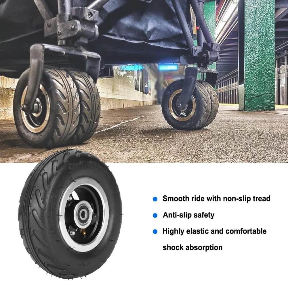 6x2 Inch Pneumatic Tire Wheel with Alloy Hub M8 Inflatable Air Wheel for Scooter Trolley Cart Hand Truck shown on urban street.