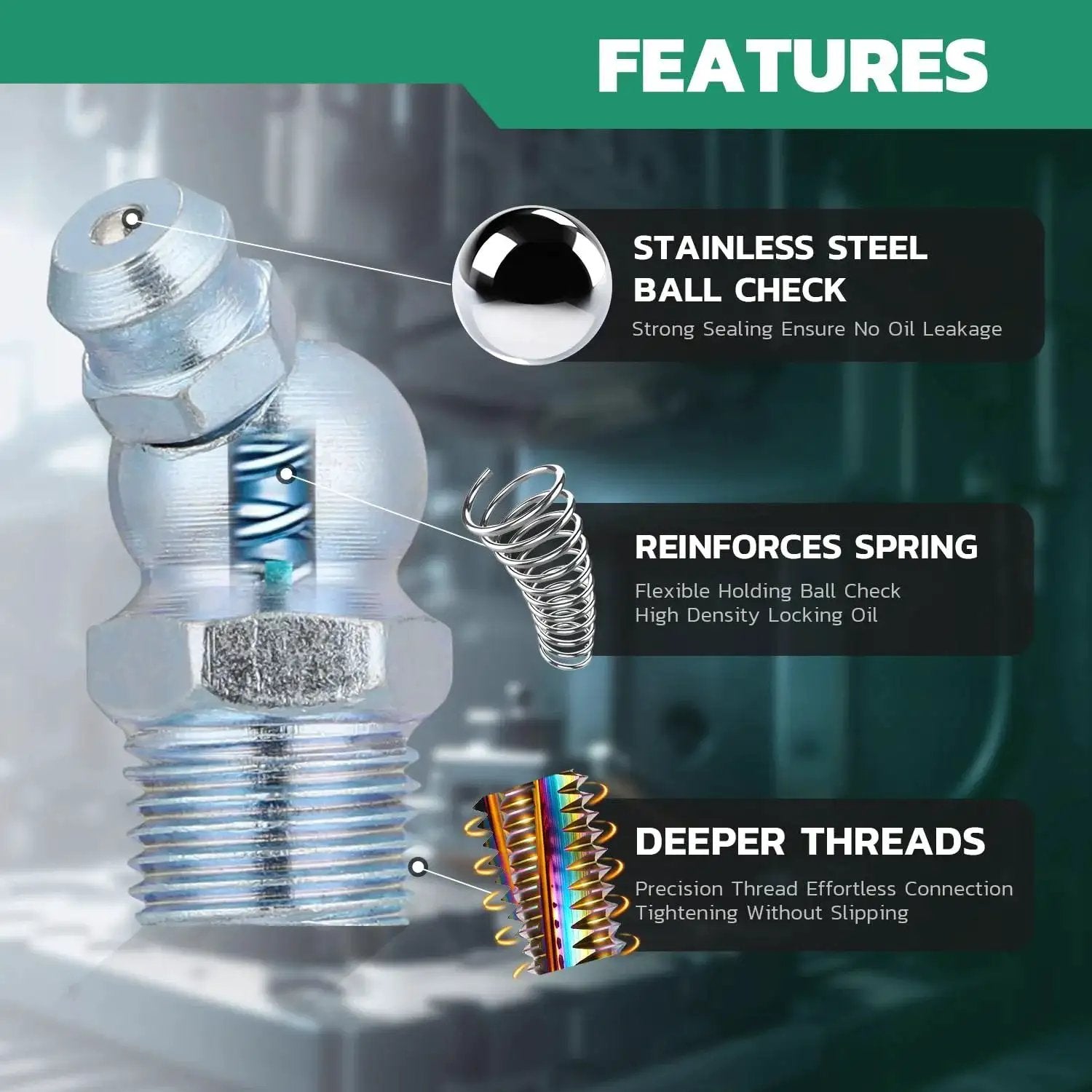 Features of M8 Grease Fittings Kit 50 Pcs Straight Zerk Fittings For Grease Gun Use Includes Caps And 9mm Wrench Durable Galvanized Steel
