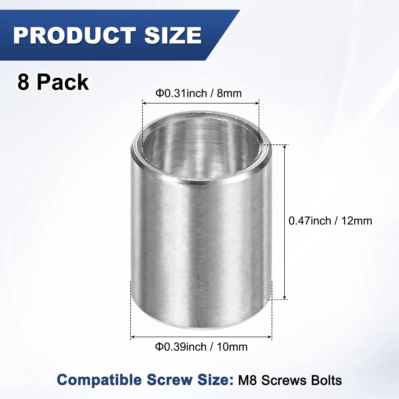 8Pcs M8 304 Stainless Steel Spacers Set, 8mm ID x 10mm OD x 12mm Length, Round Screw Standoff Bushings In Plain Finish