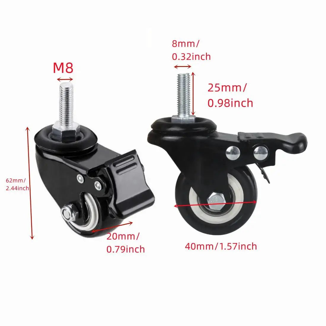 Four Pack 1.5 Inch Heavy Duty Caster Wheels Swivel Casters With Brake And M8 Threaded Stem Load Capacity 50 Kg Per Wheel