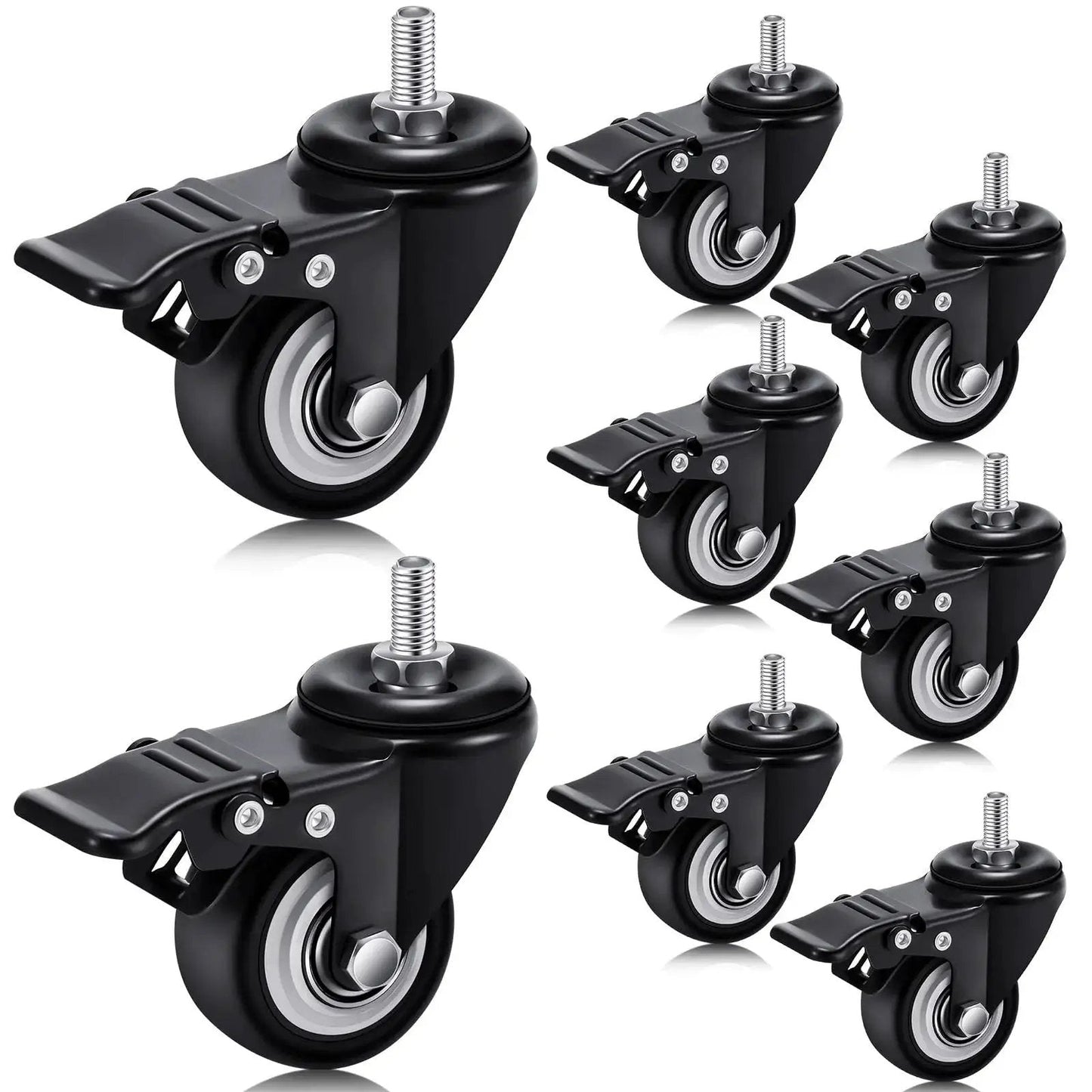 Set Of 8 M8 Caster Wheels 2 Inch Swivel Threaded Stem With Dual Brake Heavy Duty 360 Degree Polyurethane Noise Free Locking For Cart Desk Furniture 400 Lb Capacity Ideal For Cabinets And Mobile Work Tables displayed in a set with side view
