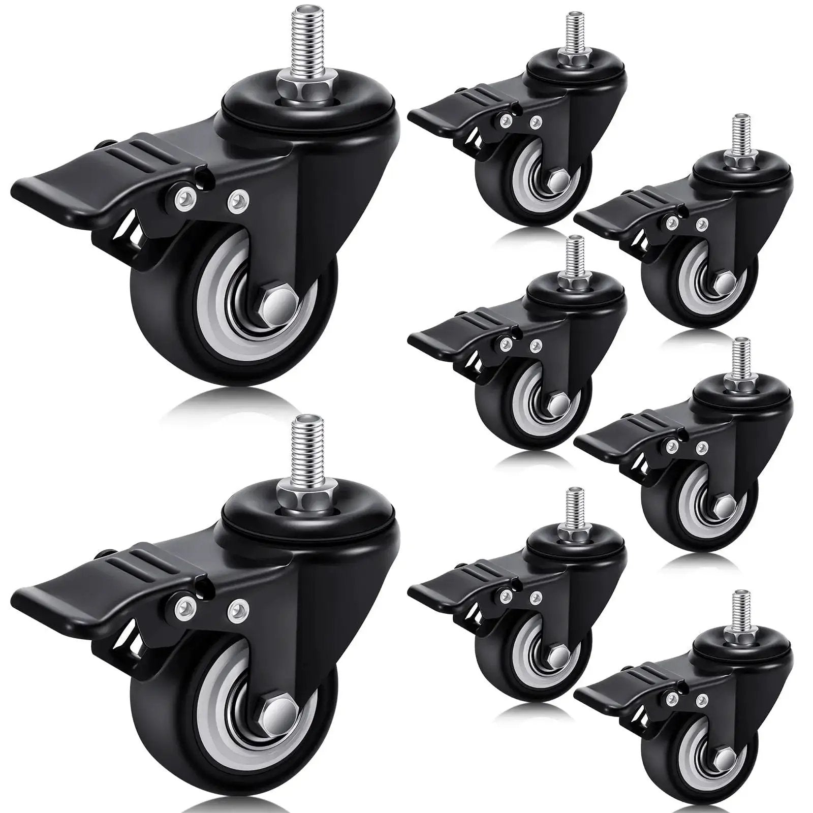 Set Of 8 M8 Caster Wheels 2 Inch Swivel Threaded Stem With Dual Brake Heavy Duty 360 Degree Polyurethane Noise Free Locking For Cart Desk Furniture 400 Lb Capacity Ideal For Cabinets And Mobile Work Tables displayed in a set with side view