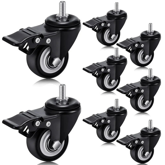 Set Of 8 M8 Caster Wheels 2 Inch Swivel Threaded Stem With Dual Brake Heavy Duty 360 Degree Polyurethane Noise Free Locking For Cart Desk Furniture 400 Lb Capacity Ideal For Cabinets And Mobile Work Tables displayed in a set with side view