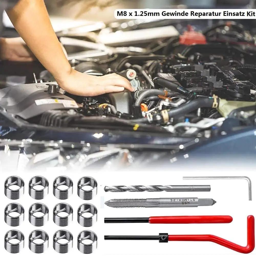 30 Piece M8 x 1.25mm Stainless Steel Thread Repair Kit With 25 Inserts For Auto Repair Helicoil Coil Compatible and tools displayed on car engine