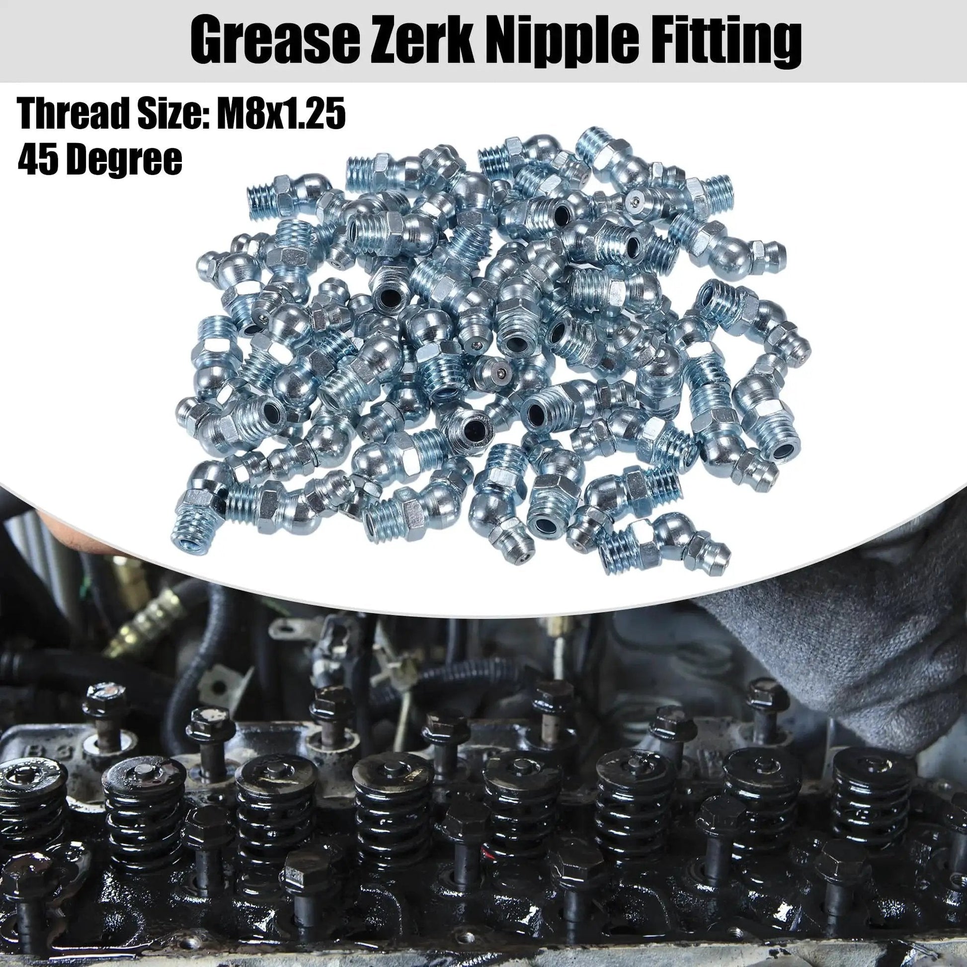 M8x1 25 Grease Nipple Fittings 45 Degree Bend Galvanized Steel Zerk Adapters for automotive lubrication, 50-pack pile