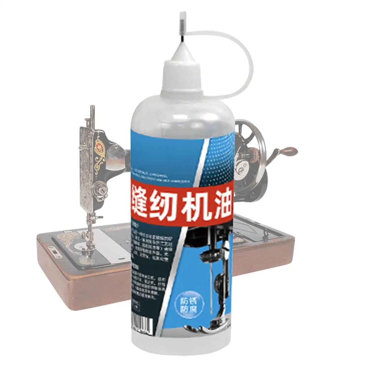 High Heat Multi Purpose Machine Oil bottle in front of a sewing machine, designed for lubrication of garage tools and household hardware.