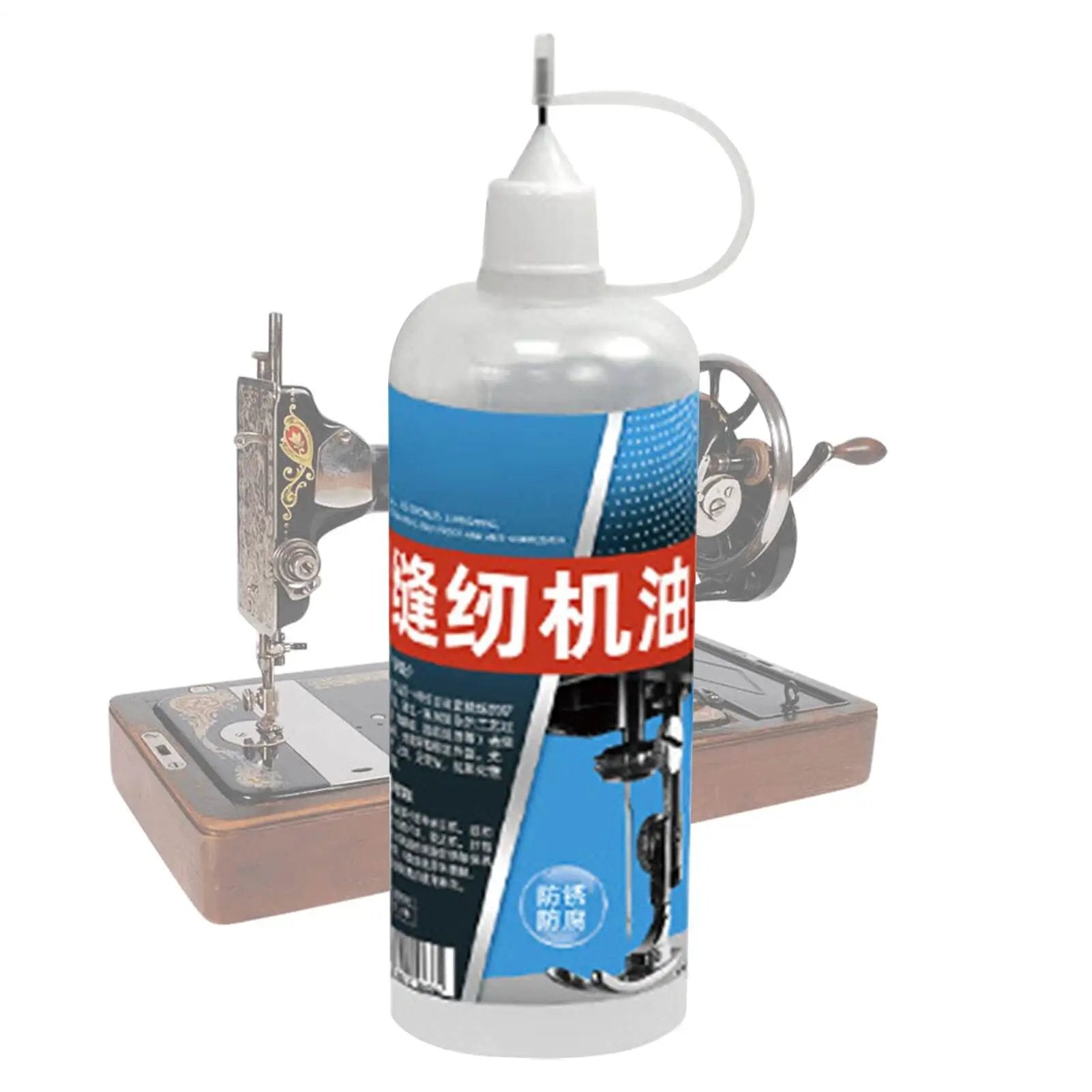 High Heat Multi Purpose Machine Oil bottle in front of a sewing machine, designed for lubrication of garage tools and household hardware.