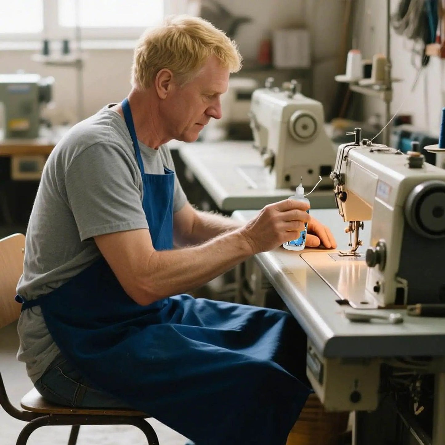 Man applying High Heat Multi Purpose Machine Oil for Commercial and Home Use to a sewing machine in a workshop.