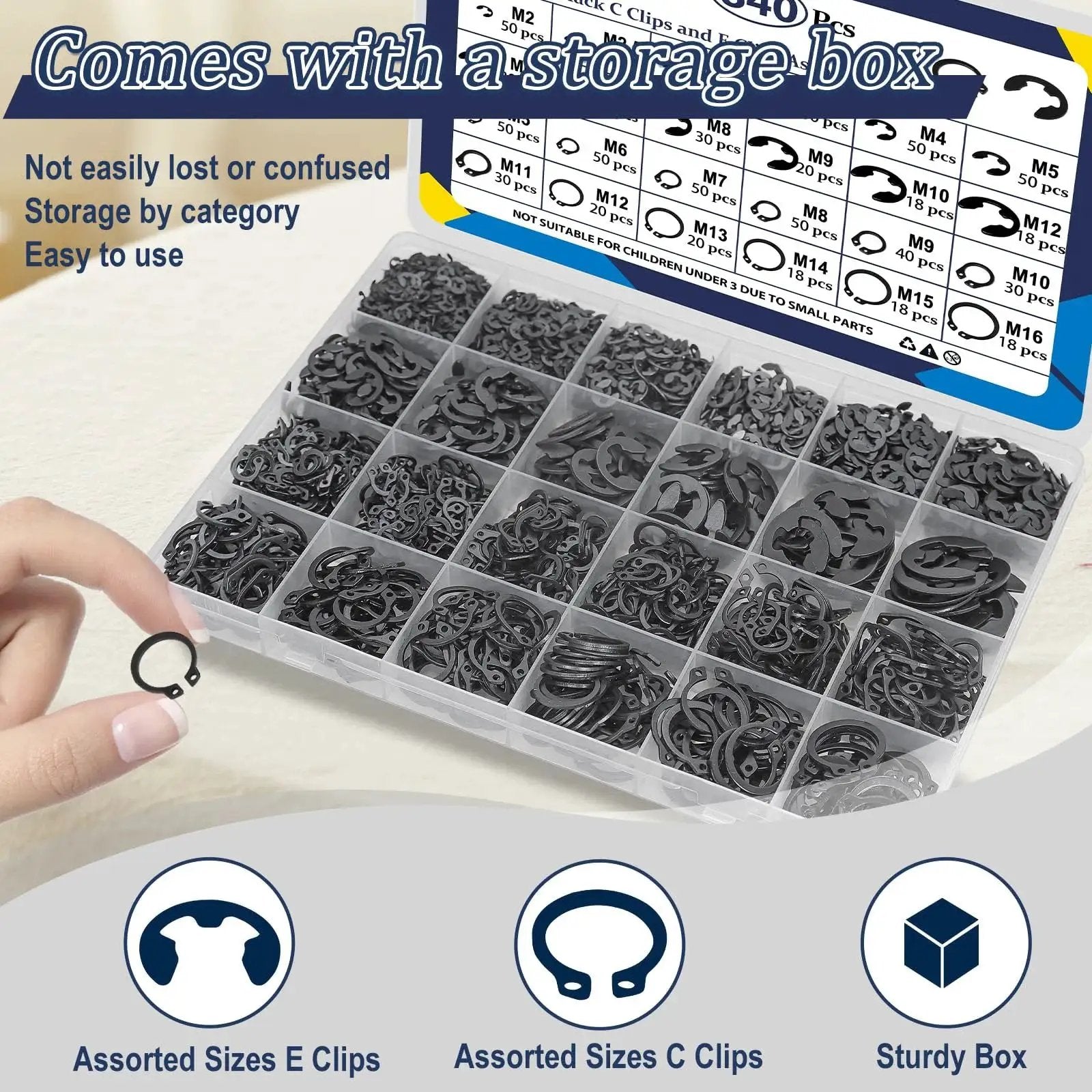 All In One C Clips And E Clips Kit For Machinery And DIY Projects ZQZ 840Pcs in storage box with labeled compartments