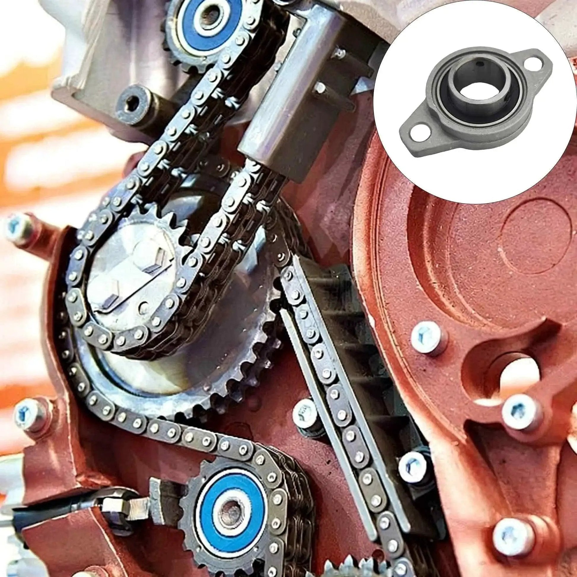 Industrial machinery with Two Pack Beefy Built 25mm Pillow Block Flange Bearing KFL000 for linear shaft support, close-up view.