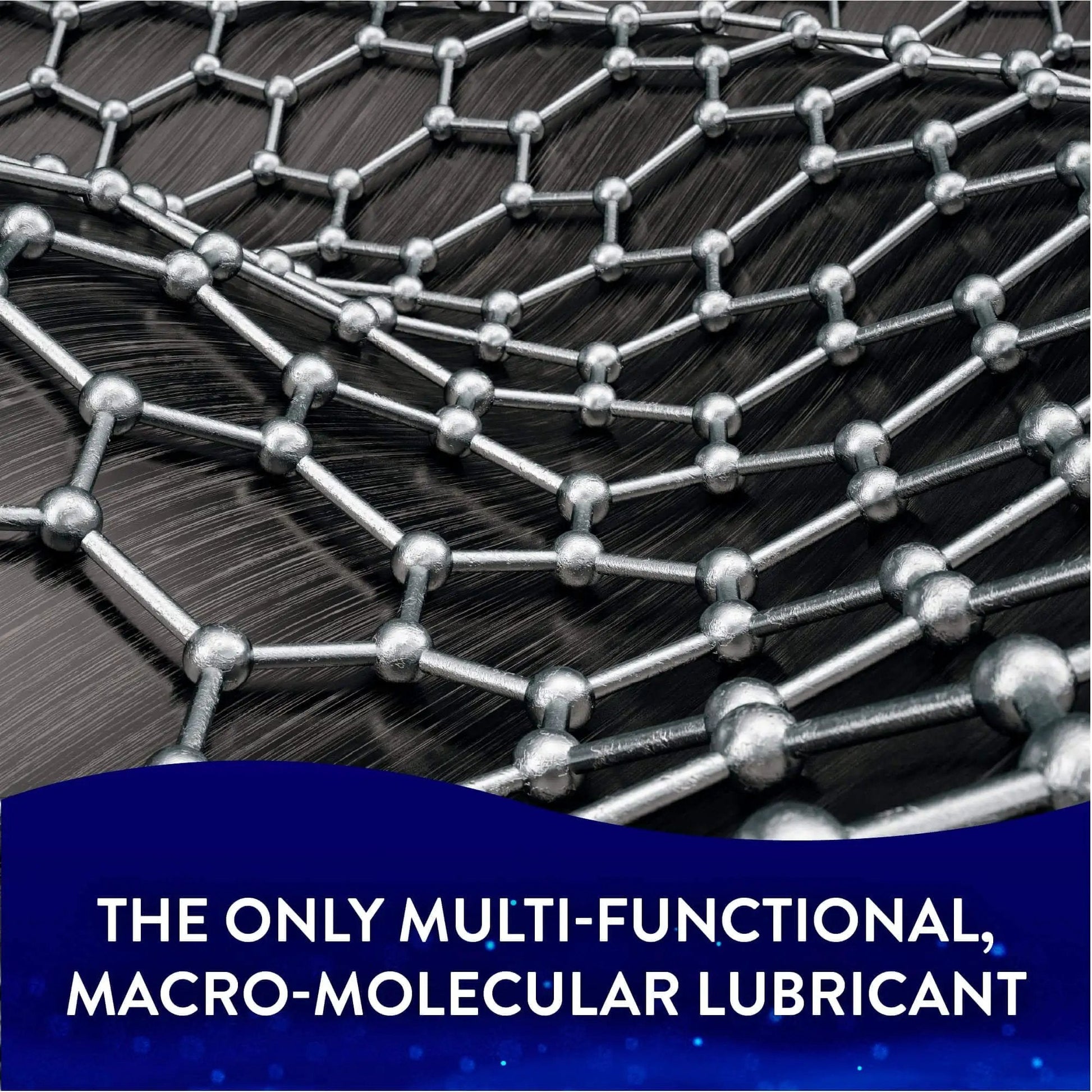 Macro-molecular lubricant structure illustration with blue overlay, highlighting multi-functional capabilities.