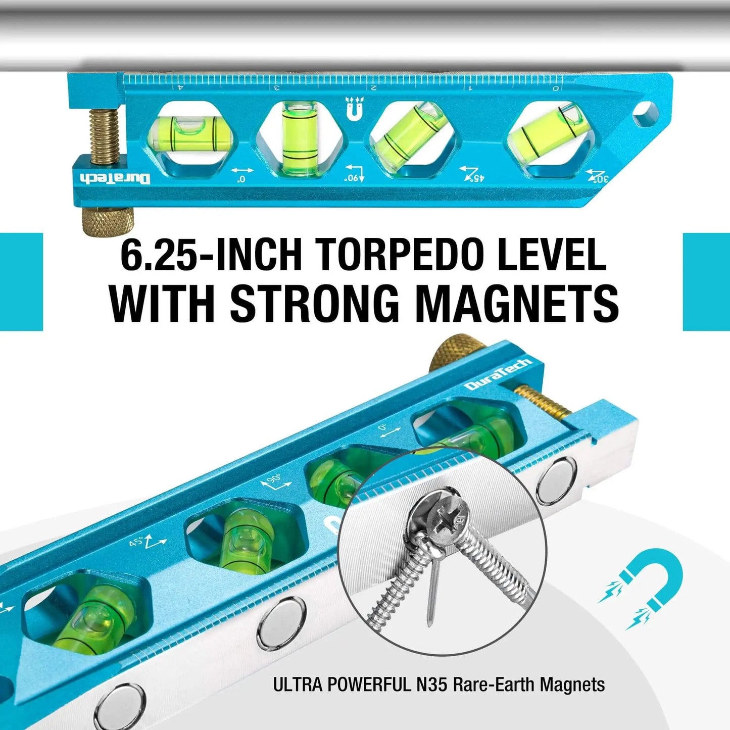 Magnetic 6.25 Inch Torpedo Level With 0 Degree 30 Degree 45 Degree 90 Degree Bubbles V Groove Large Viewing Window Aluminum Alloy Body Hanging Hole SAE And Metric Scale For DIY Projects And Home Use Duratech
