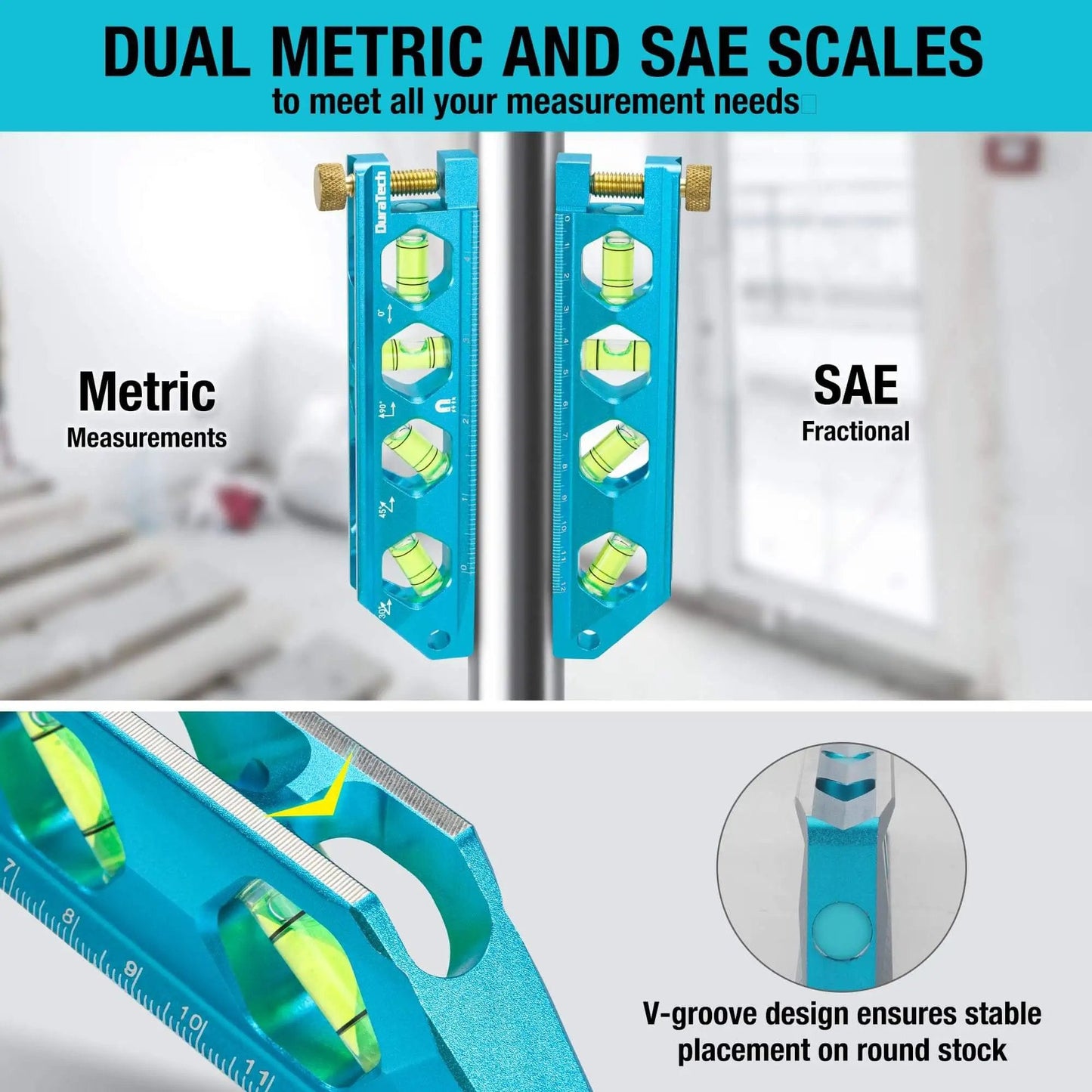 Magnetic 6.25 Inch Torpedo Level With 0 Degree 30 Degree 45 Degree 90 Degree Bubbles V Groove Large Viewing Window Aluminum Alloy Body Hanging Hole SAE And Metric Scale For DIY Projects And Home Use Duratech