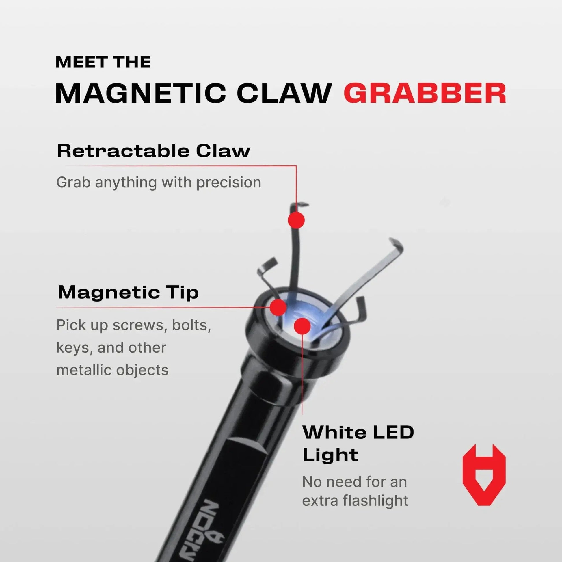 Flexible magnetic claw pickup tool with a bright LED light extends reach, features a 4-Finger retractable claw, and 5lb pull strength to grab small parts from tight spots, drains, or under appliances with ease.