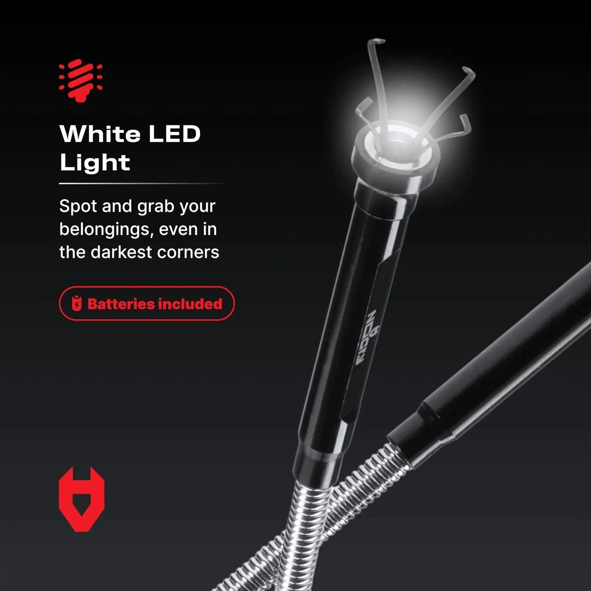 Flexible magnetic claw pickup tool with a bright LED light extends reach, features a 4-Finger retractable claw, and 5lb pull strength.