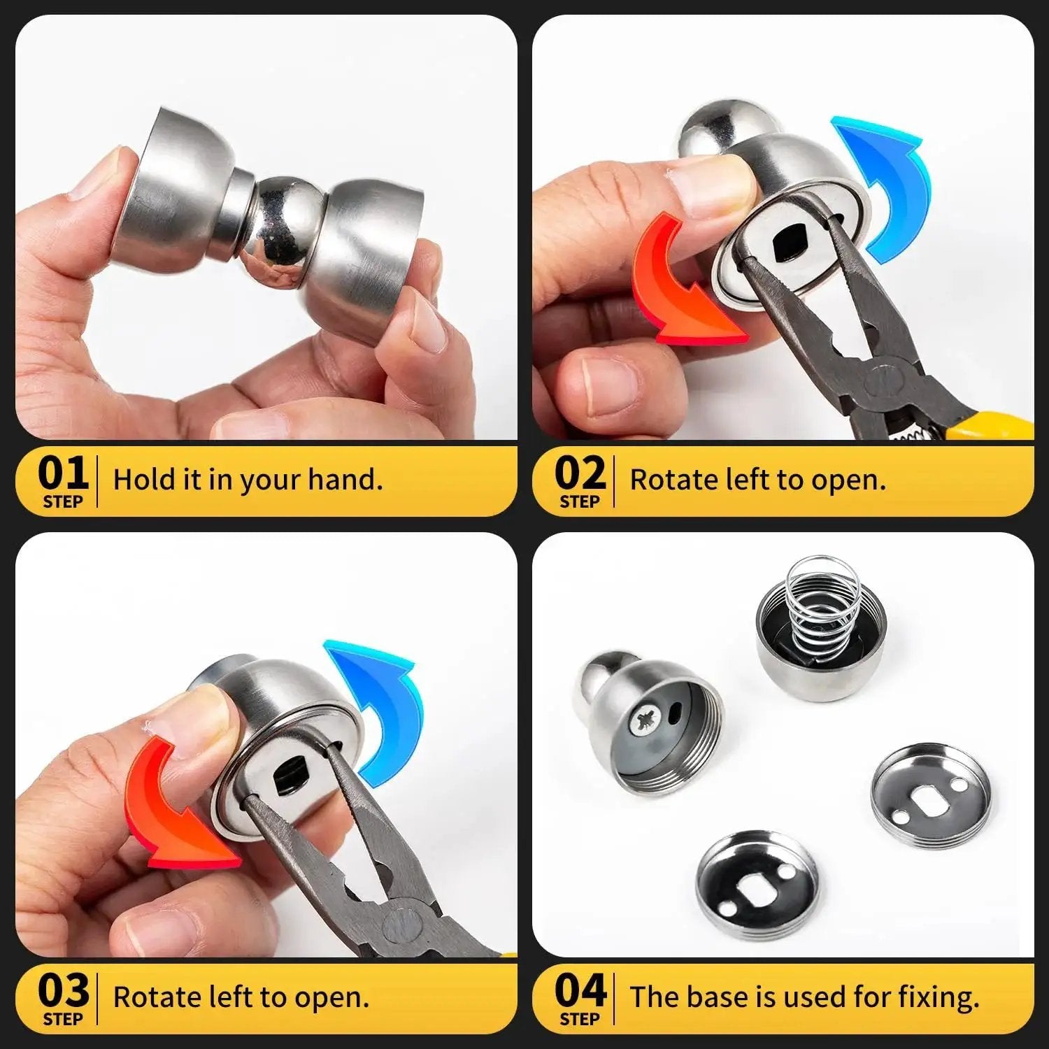 Step-by-step assembly of Powerful Magnetic Door Stopper Set Of 2 Stainless Steel Mini Door Stops with magnet and base parts