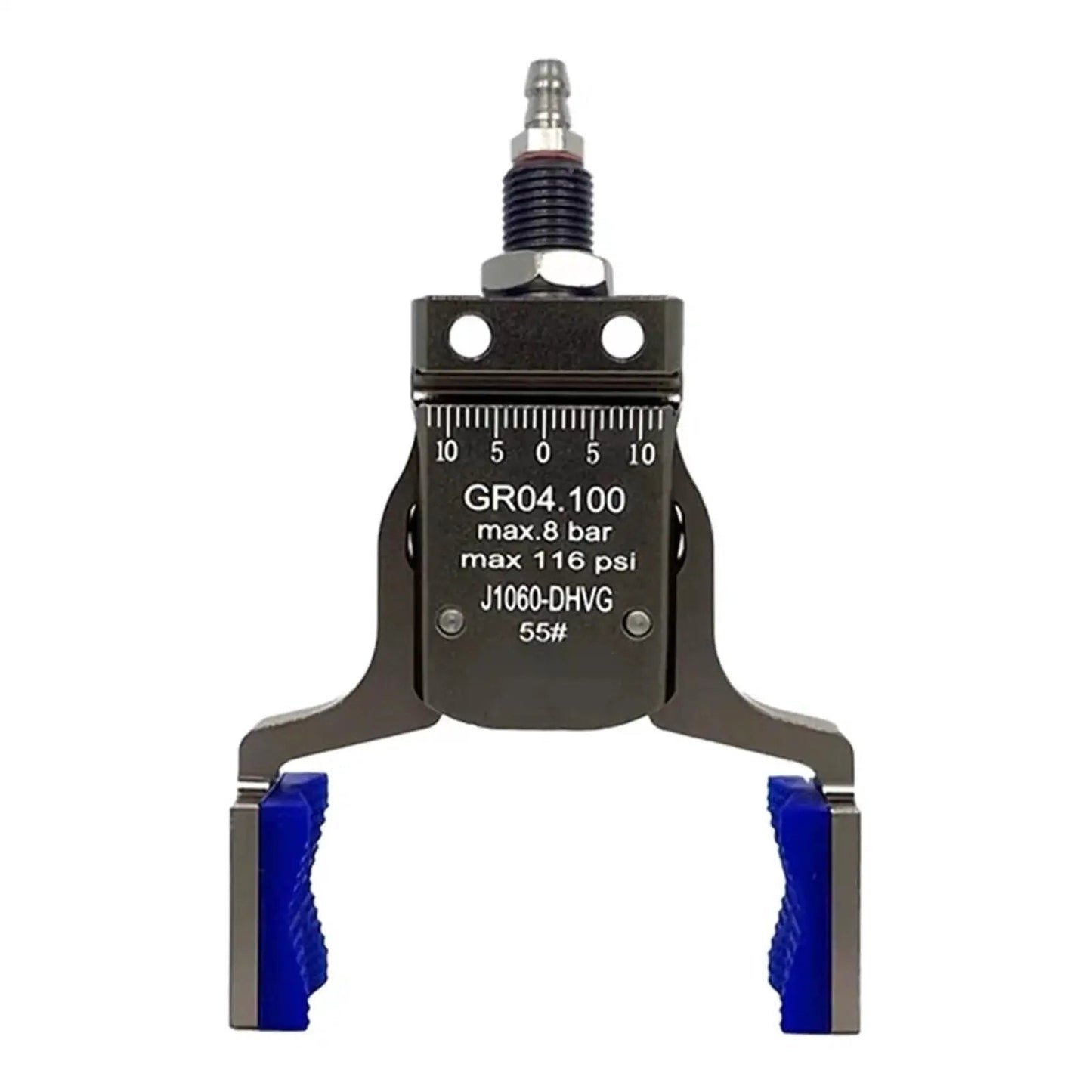 Front view of a Magnetic Gripper Fixture for Pneumatic Systems and Automated Workflows with blue gripper pads, red wine color.
