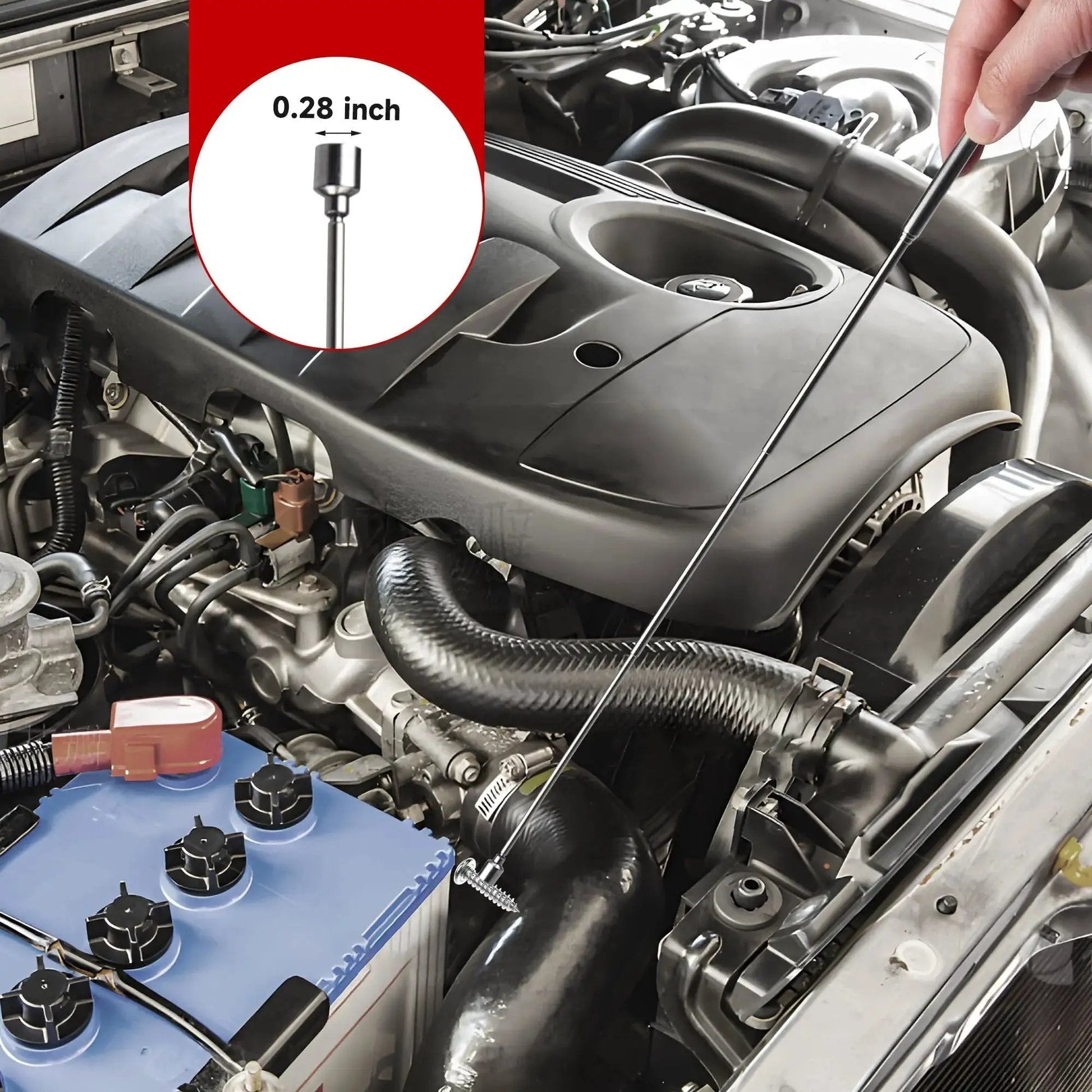 Effortlessly retrieve metal parts from tight spaces with this 5 piece telescoping magnetic pickup tool set in engine bay.