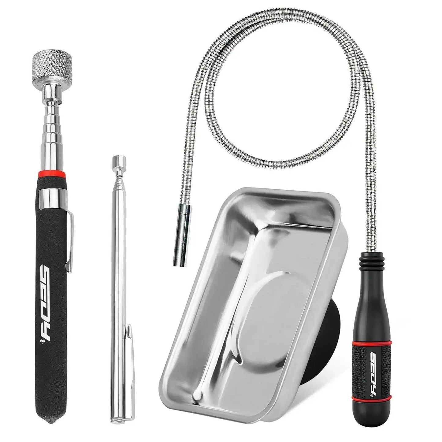4 Piece Telescoping Magnetic Pickup Tool Set For Garages And Workshops Featuring A 31 Inch Telescoping Magnet Stick With 15 Lb Lift A 25 Inch Pen Style Magnetic Pickup Tool With Pocket Clip A 20 Inch Bendable Spring Magnet Stick And A Magnetic Parts Tray in silver and black color