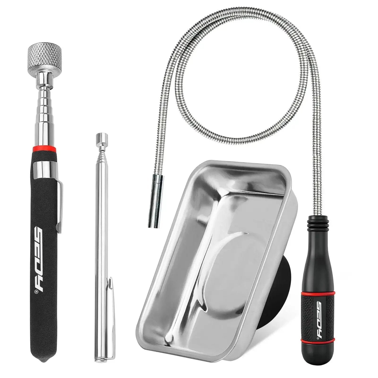 4 Piece Telescoping Magnetic Pickup Tool Set For Garages And Workshops Featuring A 31 Inch Telescoping Magnet Stick With 15 Lb Lift A 25 Inch Pen Style Magnetic Pickup Tool With Pocket Clip A 20 Inch Bendable Spring Magnet Stick And A Magnetic Parts Tray in silver and black color